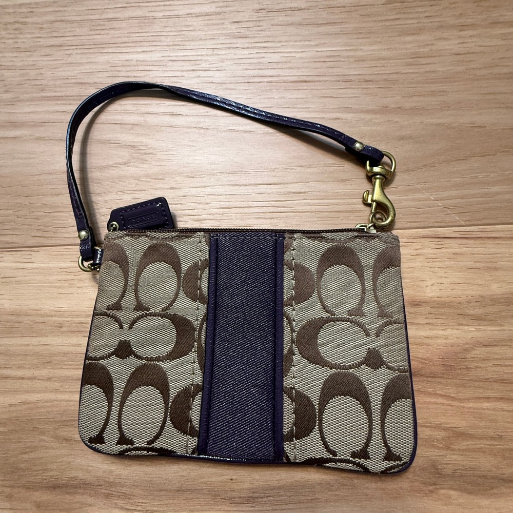 Coach Wristlet Women Small Khaki Purple Signature C Monogram Stripe Bag